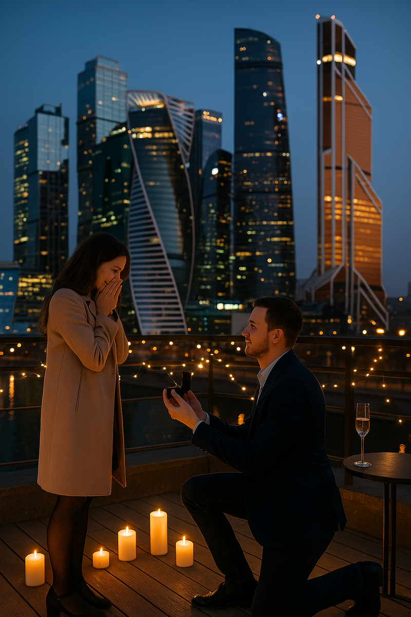 Предложение руки и сердца с видом на огни Москва-Сити.