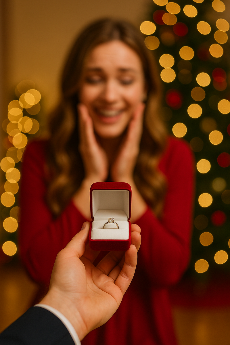 Предложение руки и сердца: кольцо, огни и счастливая невеста.