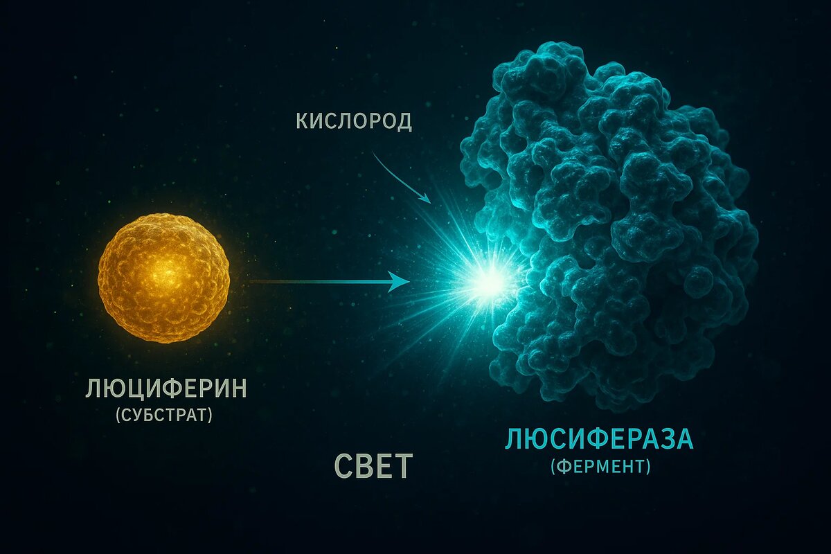 Люциферин + Люцифераза + Кислород = СВЕТ. Вот и вся формула самого удивительного явления природы — холодного свечения. Молекула-«топливо» (люциферин) окисляется с помощью фермента-«дирижёра» (люциферазы), а избыток энергии излучается в виде кванта света. Никакого тепла, только чистая энергия.