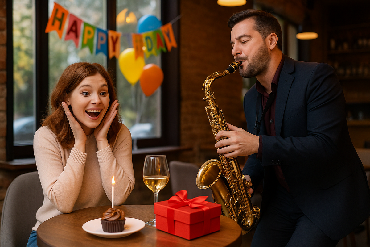 Неожиданный сюрприз: саксофонист играет для именинницы прямо в кафе. Эмоции, музыка и незабываемая атмосфера.