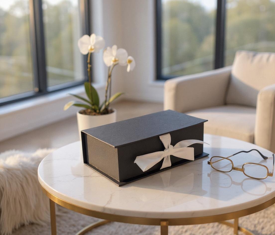 Подарочная премиум коробка черная белые ленты формат книжка шкатулка