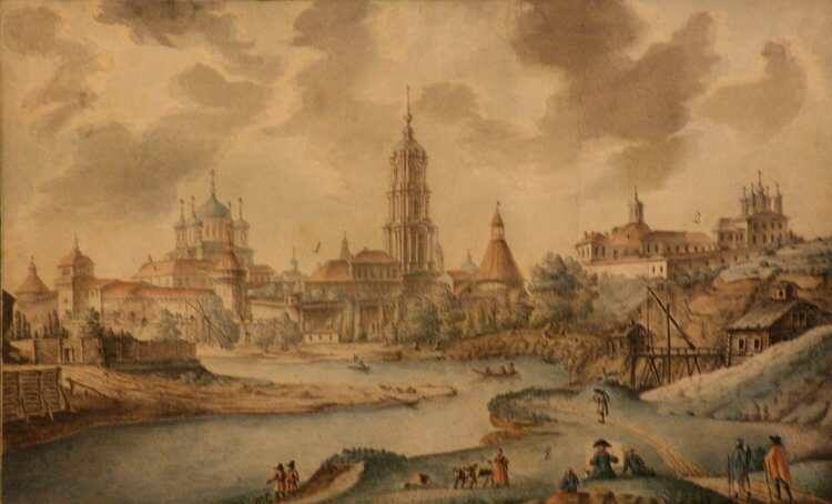 Вид на Новоспасский монастырь и Крутицкое подворье от Москвы-реки, А Н. Бакарев, акварель, тушь, перо. 1811 г. Государственный исторический сузей, Москва. 