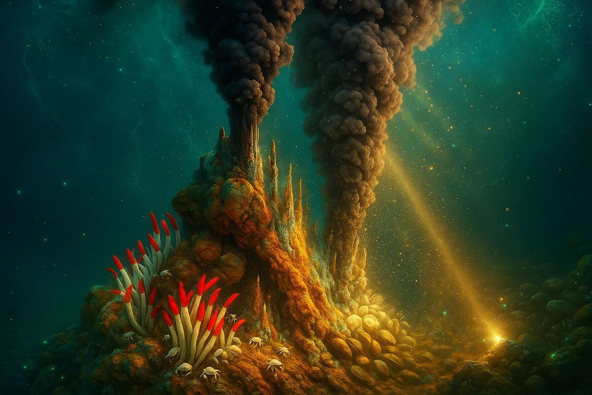 Так выглядит один из самых экстремальных оазисов жизни на Земле. Гигантские трубчатые черви рифтии, слепые крабы и моллюски процветают в темноте, под чудовищным давлением, среди клубов ядовитого «дыма». Вся эта экосистема существует за счёт энергии Земли, а не Солнца, что заставляет учёных пересматривать определения жизни.