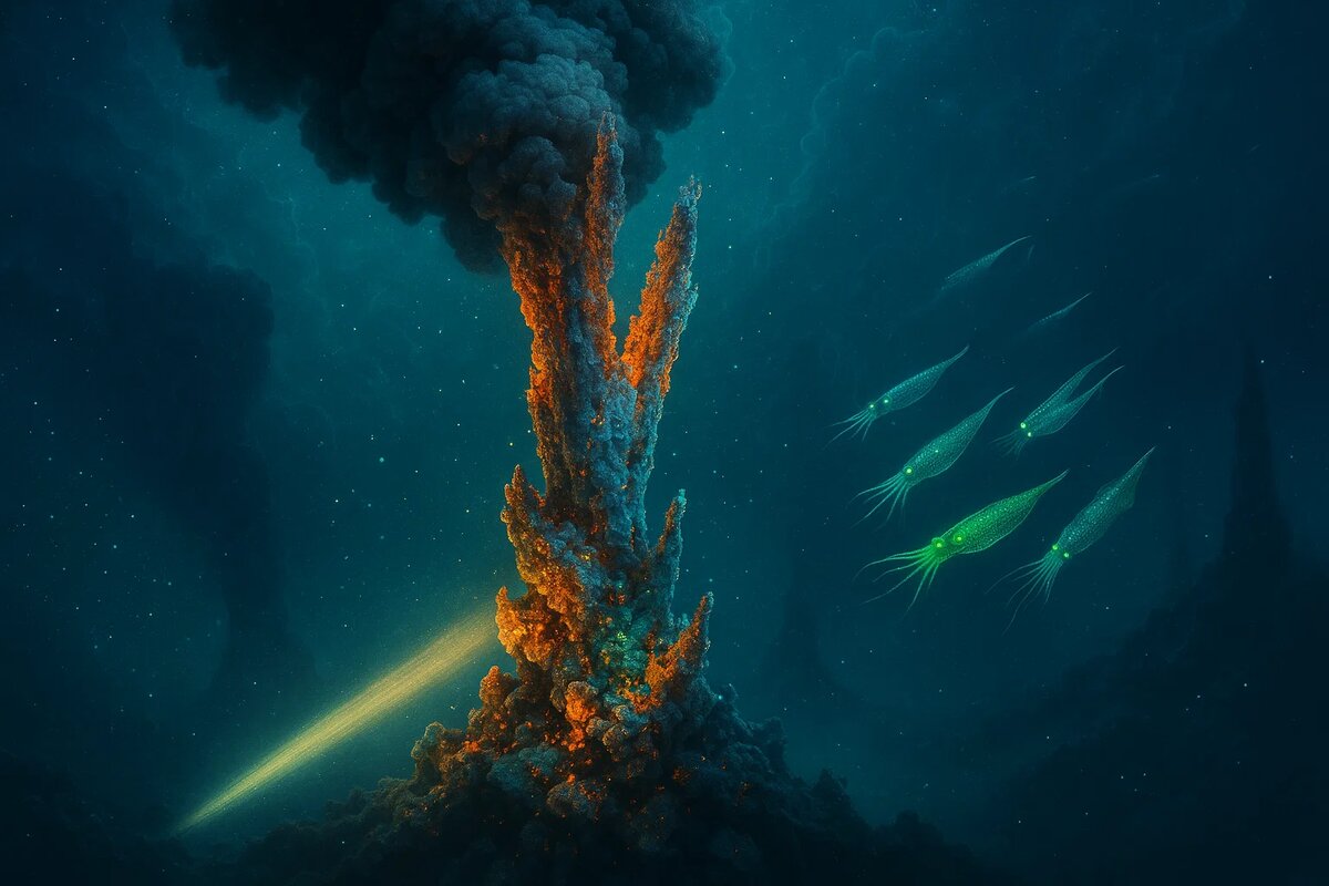 Это не инопланетный пейзаж — это дно океана у гидротермального источника. Слепые креветки и черви-«помпейцы» (Alvinella pompejana), выдерживающие температуру до 80°C, процветают в этой «адской» воде. Вся экосистема существует за счёт хемосинтеза — процесса, в котором бактерии преобразуют ядовитые сернистые соединения в пищу. Это открытие заставило учёных пересмотреть границы возможности жизни как на Земле, так и в космосе.