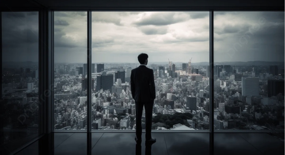 одинокий человек в огромном стеклянном небоскребе