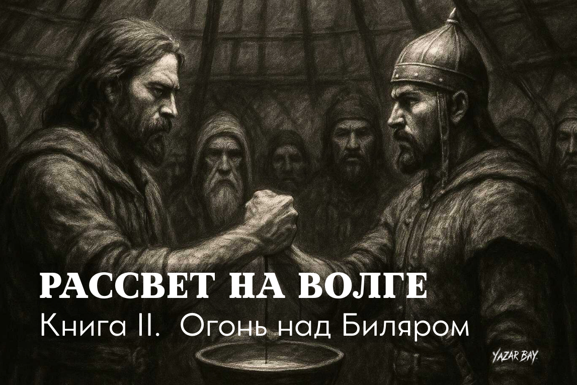 Булгарский герой Айдар и молодой вождь хазарского рода Батур скрепляют свой военный союз древним обрядом побратимства, смешивая кровь в общей чаше. ©Язар Бай
