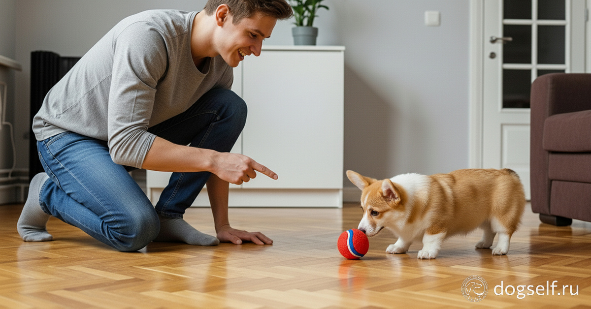 Первое слово в словаре! «Мяч» – это вот эта круглая, прыгучая штука. Кажется, он понял! | Хозяин успешно учит щенка корги названию игрушки «мяч» через позитивное подкрепление радостной похвалой | Изображение: DogSelf