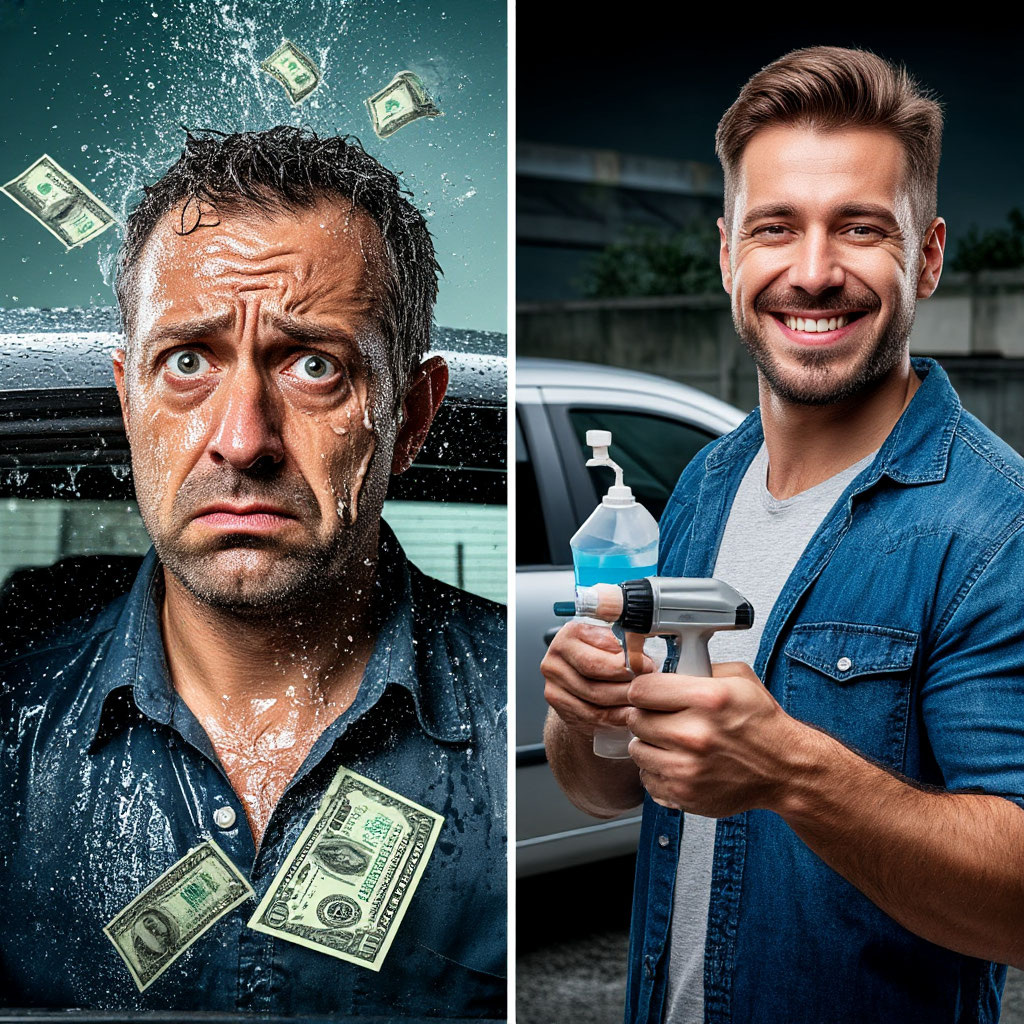 Довольный автовладельц сэкономил на мойке (нейросеть)