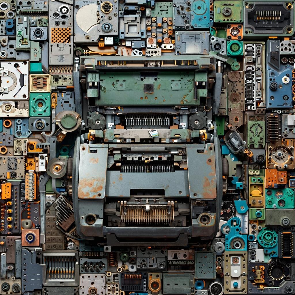    Типичные детали от струйного принтера: шаговый двигатель, направляющая, ремень и плата управления — всё пригодится в мастерской.