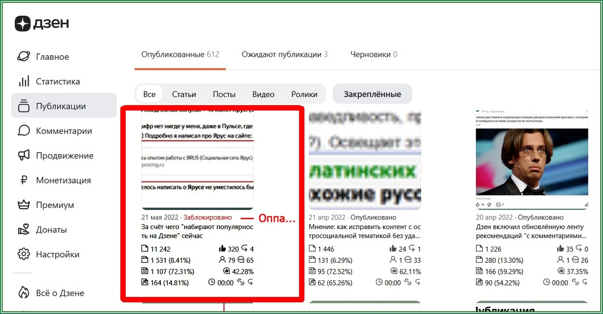 заблокировали старую статью на Дзене
