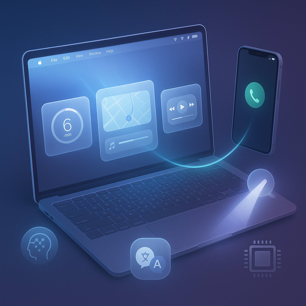 Полупрозрачный «Liquid Glass»-интерфейс на экране MacBook с парящими карточками Live Activities (таймер, карта, музыка), световой луч Spotlight и связка с iPhone через сияющую линию; вокруг — деликатные пиктограммы ИИ и чипов, намекающие на Apple Intelligence и совместимость.