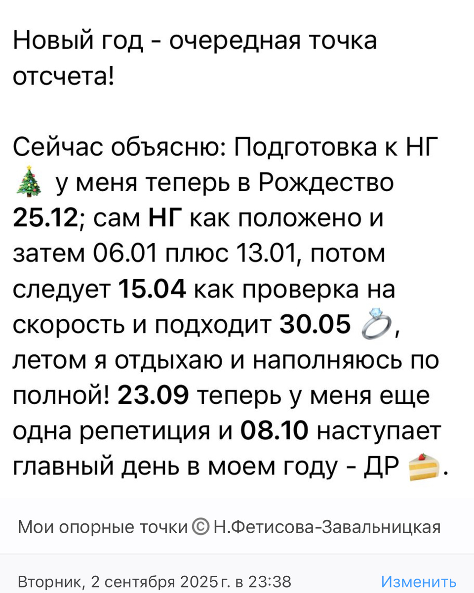 У меня в течение года ~5 дат, на которые я ориентируюсь, чтобы «год не пролетал мимо меня», а я не просыпалась бы в суете за пару дней «до главного дня в жизни»…