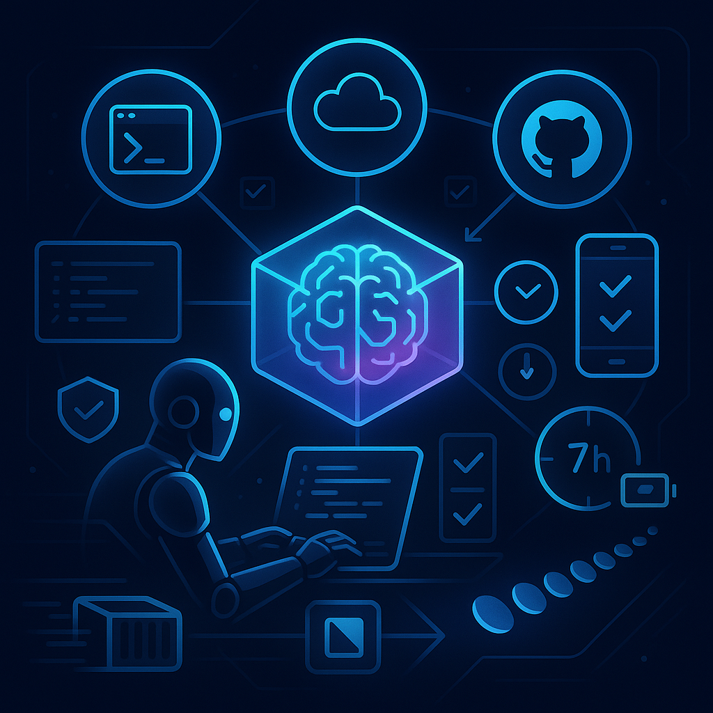 Светящийся «мозг-куб» ИИ в центре; вокруг — панели CLI, IDE, облако, репозиторий и мобильное устройство, связанные потоками. Галочки тестов, дифф-карточки и контейнер-«ящик» с шлейфом скорости; кольцевой таймер и дорожка из уменьшающихся «токен-монет» намекают на 7-часовую автономную работу и снижение затрат.