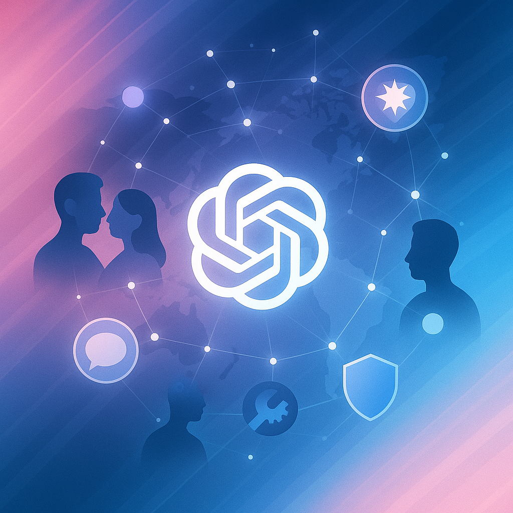 Градиентные розово-синие потоки, в центре — знак ChatGPT, вокруг — сеть точек поверх карты мира и силуэты людей. Пиктограммы «диалог», «инструменты», «сердце» и «щит» намекают на три способа использования (советы, дела, самовыражение) и приватность исследования.