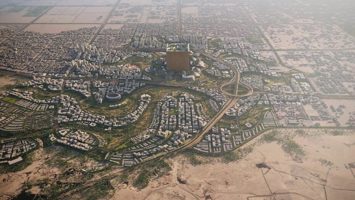    Рендер района New Murabba со зданием «Мукааб» / © NMDC