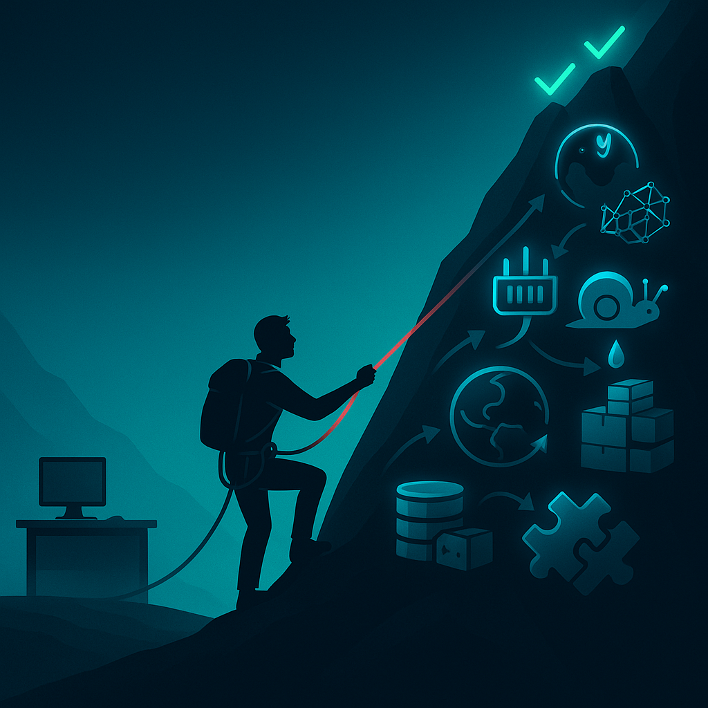 Разработчик-скалолаз тянет страховочную верёвку к «иконкам-проблемам» на скале: улитка (медленный CI/CD), пустые розетки (нет пулов), капающая микросхема (утечки памяти), спутанный куб (читаемость кода), дуга на глобусе (Мумбаи↔Сингапур), переполненная БД и несостыкованные пазлы (API). На вершине — светящиеся галочки решения.