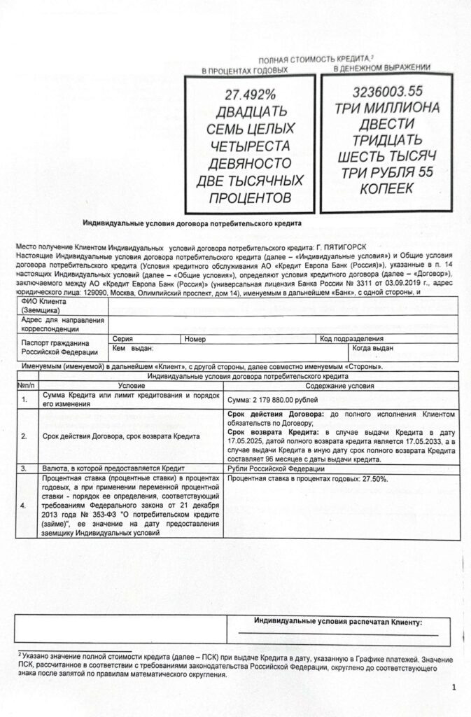 Кредитный договор в АО "Кредит Европа Банк"