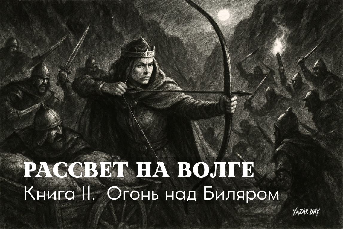 Булгарская царица Айбике, окруженная верными воинами, отчаянно отбивается от вражеского патруля, защищая драгоценный запас зерна. ©Язар Бай