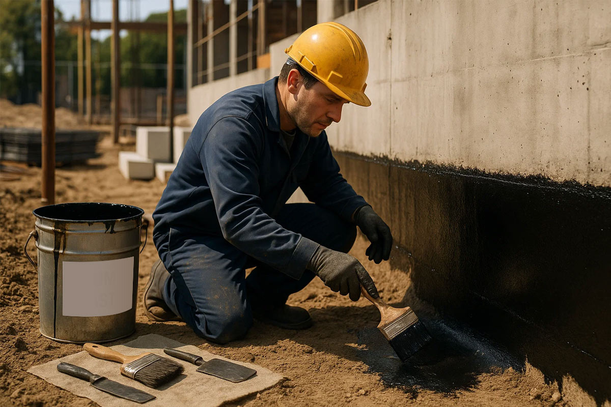 Мастика на фундаменте в процессе нанесения