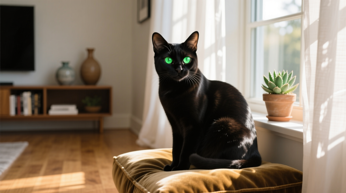 Бомбейская кошка с блестящей черной шерстью на подоконнике, её глаза сияют в солнечном свете.