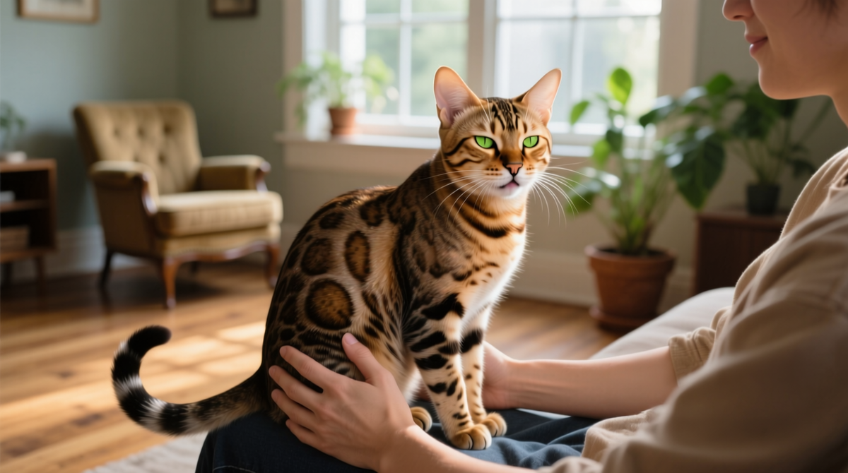 Бомбейская кошка сидит на коленях у хозяев, мурлычет и нежно тянет лапки.