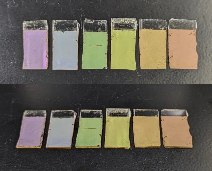 Фото: © FUJII Minoru, Kobe University. Образцы нано-краски после нанесения: оттенок зависит от диаметра сфер — чем они меньше, тем ближе к синему спектру, крупные сферы дают красные тона.