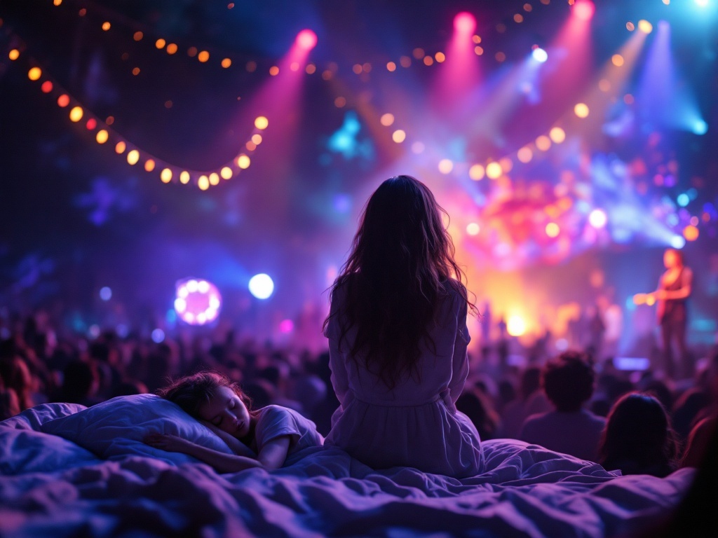    К чему такое снится: На моей картине изображена женщина и девочка на фестивале. Они стоят на сцене и готовятся к выступлению, вокруг видны зрители, создающие атмосферу праздника.