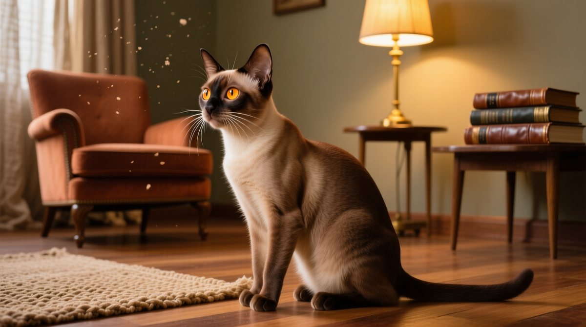 Бразильская короткошёрстная кошка с блестящей шерстью, сидит в уютном уголке дома, взгляд сосредоточен и внимателен.