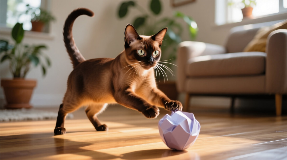 Бразильская короткошёрстная кошка активно играет с игрушкой, её глаза сияют от радости.