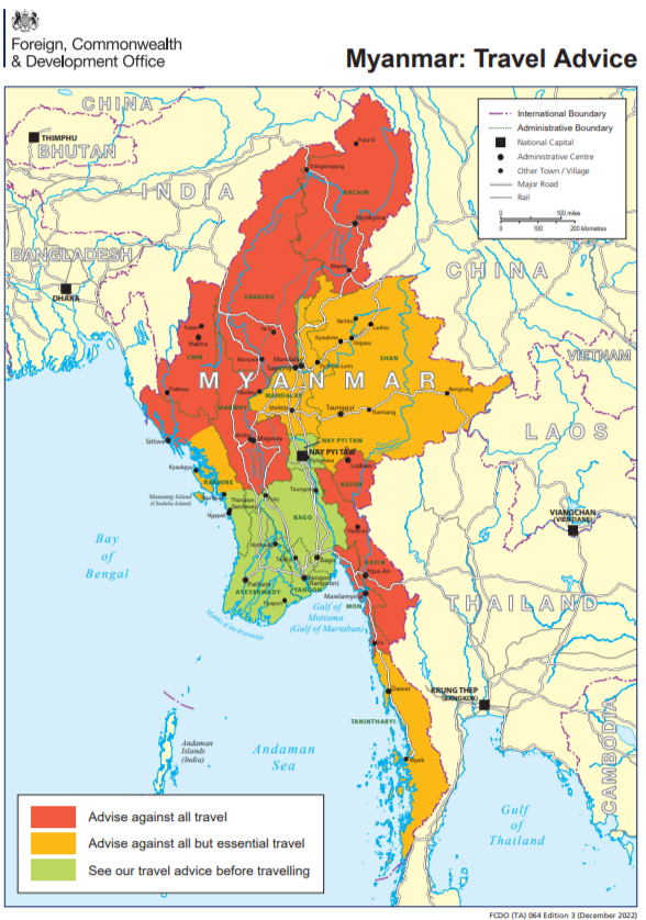 Ситуация на момент нашего приезда. В желтые ехать не стоит, красные - закрыты. Источник: https://www.gov.uk/foreign-travel-advice/myanmar
