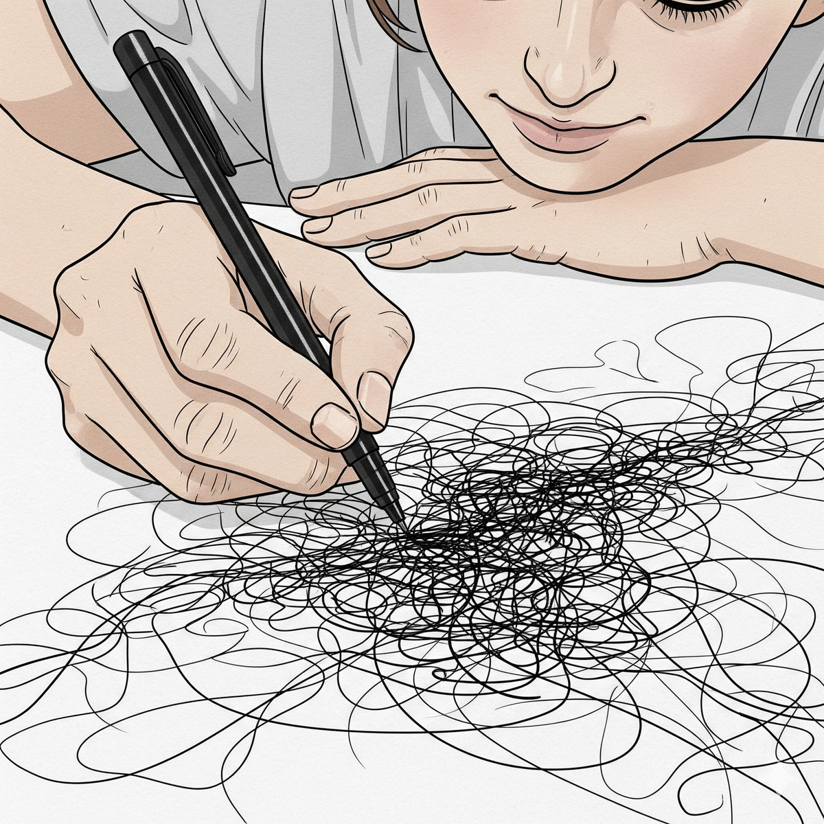 Выразить невыразимое. Тревога часто бывает бесформенной и неопределённой. Когда вы переносите её на бумагу в виде линий, цветов или фигур, она становится конкретной. Вы даёте ей форму и можете на неё посмотреть, словно на сторонний объект. Это первый шаг к тому, чтобы взять её под контроль.