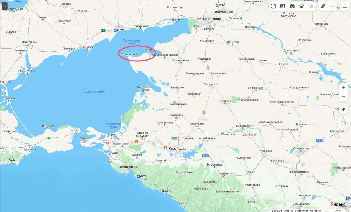 Яндекс.Карты. Кружочком обведен участок,где мы искали край суши.