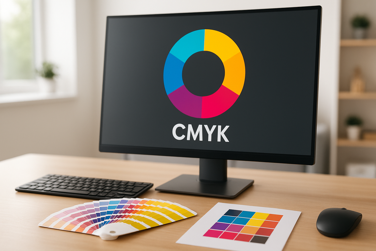 Крупный монитор с открытой цветовой шкалой CMYK и веером пантонных/CMYK-плашек рядом. На заднем плане — дизайнерское рабочее место