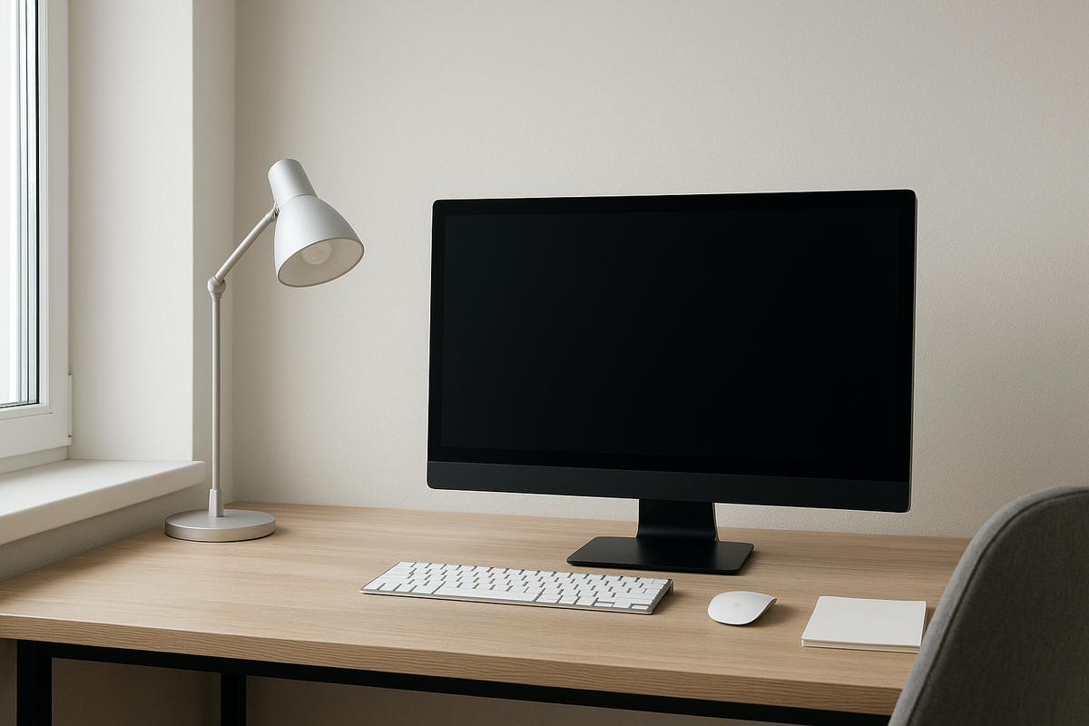 Современное рабочее место у окна с мягким рассеянным светом. На столе монитор, рядом нейтральная лампа 5000–6500К