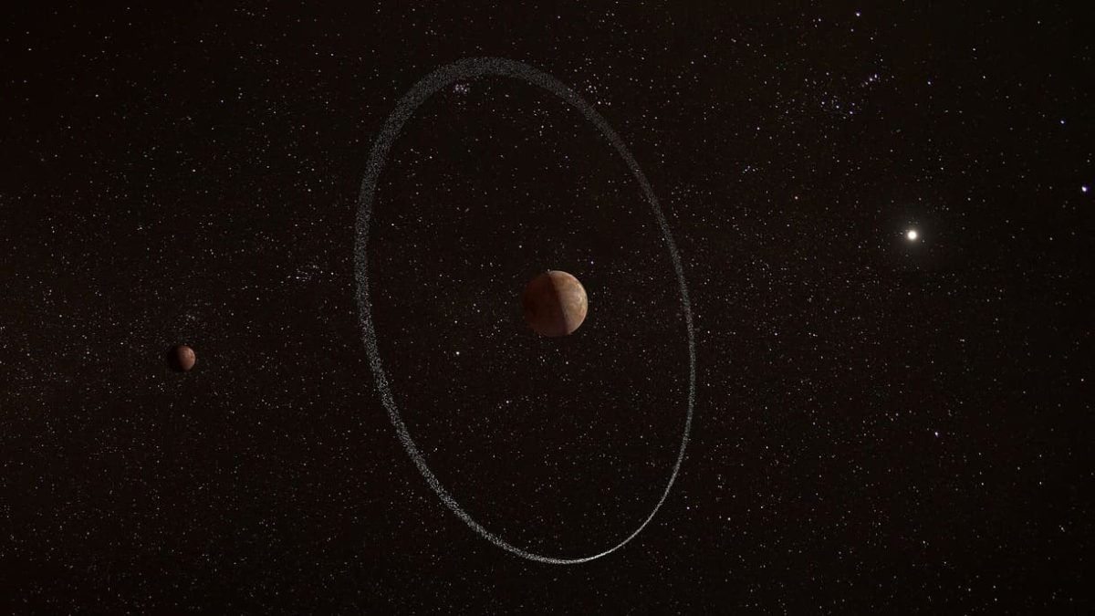    Карликовая планета Квавар, ее кольцо и спутник Вейвот в представлении художника / © ESA