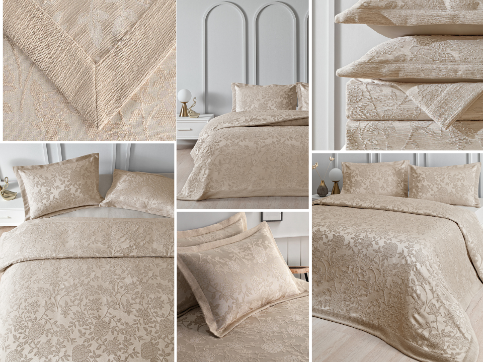 Покрывало жаккардовое однотонное «ESTELA» шенилл на кровать 240х260 см с наволочками 50x70 см, цвет бежевый — OZON арт. 2740897273 и WB арт. 507860145.