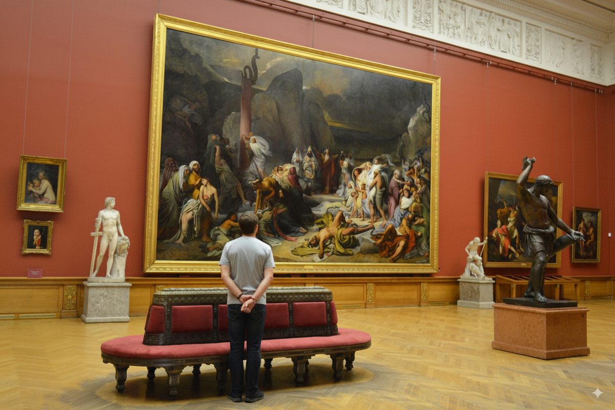 Огромный зал Русского музея с множеством картин, где одинокий посетитель растерянно смотрит по сторонам.