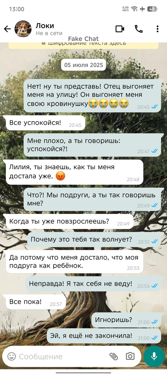 Имитация в специальном приложении. Это переписка Лилии и её подруги Локи. И давайте представим что 5 июля выпало на пятницу!