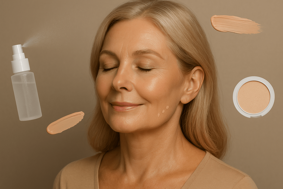 Ровная сияющая кожа: увлажняющий мист, праймер-блюр, точечный консилер и лёгкий сатиновый тон с тонкой вуалью пудры только на Т-зоне.