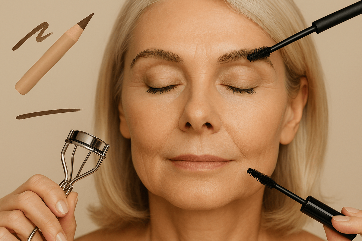 Открытый взгляд: бровь уложена прозрачным гелем, тонкая межресничная тень и подкрученные ресницы дают эффект «распахнутых» глаз.