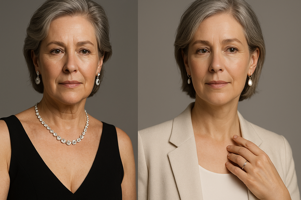 Слева комплект одного дизайна утяжеляет образ, справа соло серьги-капли и тонкое кольцо выглядят дороже.