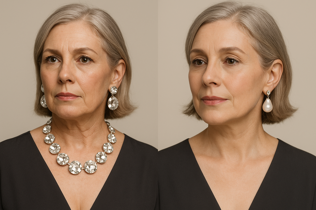 Слева крупные белые стразы дают игрушечный блеск, справа мягкий металл и барочный жемчуг смотрятся благородно.