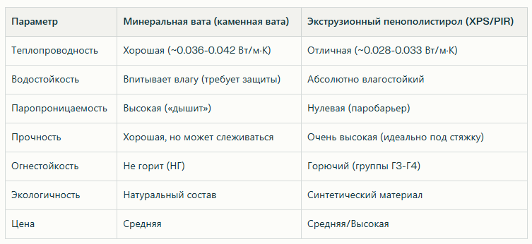 Сравнение технических характеристик Минваты и Экструдированного пенополистирола
