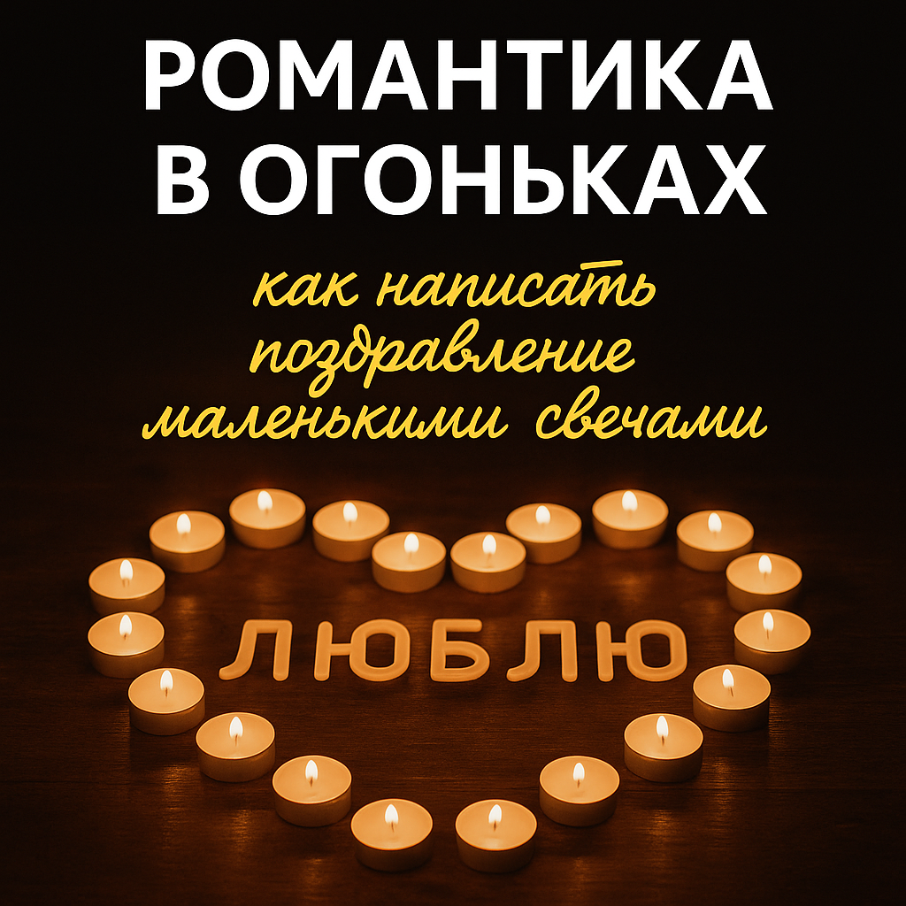 Тёплая композиция из маленьких свечей, выложенных в форме сердца вокруг слова «ЛЮБЛЮ». Мягкий свет создаёт романтическую атмосферу.