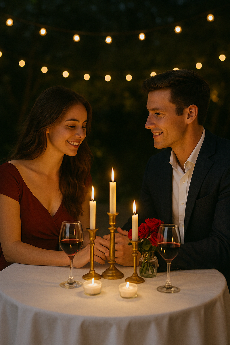 Романтический ужин под открытым небом: влюблённая пара сидит за столиком с бокалами вина, свечами и букетом роз. Тёплый свет огоньков и гирлянд создаёт атмосферу уюта и волшебства.