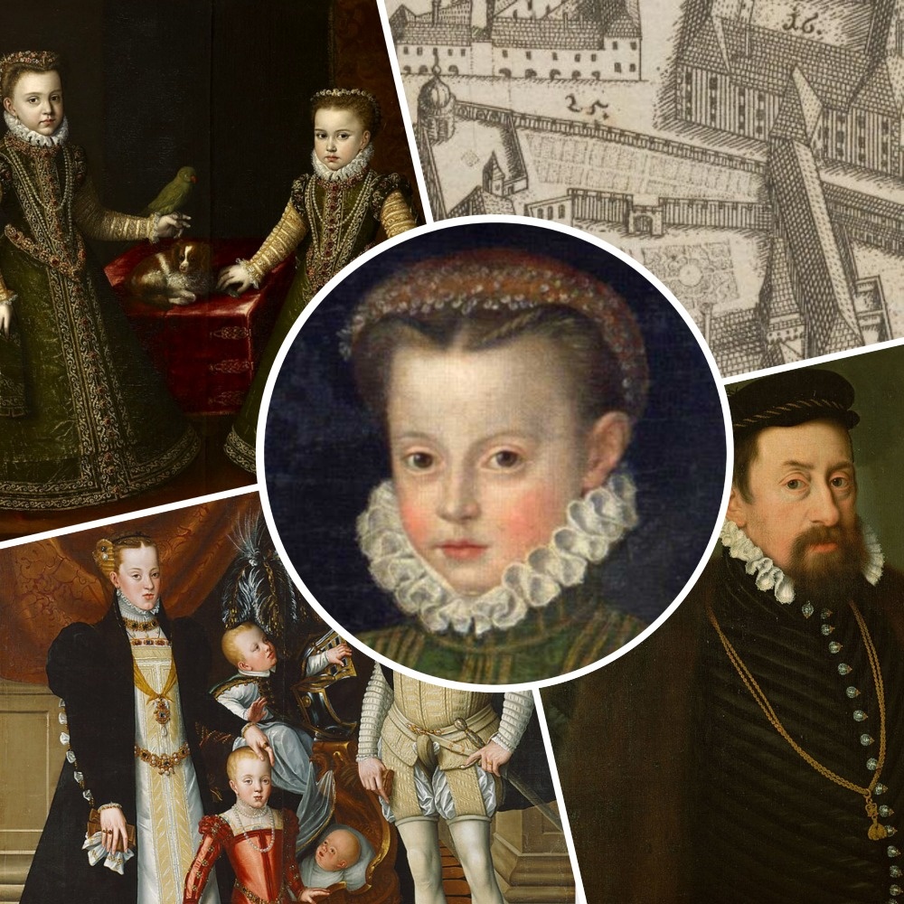 Внизу - Мария испанская с детьми - за год до рождения Елизаветы. Максимилиан II. По центру- принцесса Елизавета в возрасте 7 лет. Вверху- Елизавета Австрийская с сестрой Анной, будущей королевой Испании. Хофбург на плане (верхний правый угол) XVI века.