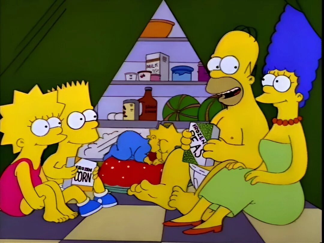 Пикник Симпсонов у холодильника — хороший пример того, как делать не стоит.
Ведь дверца открыта!
