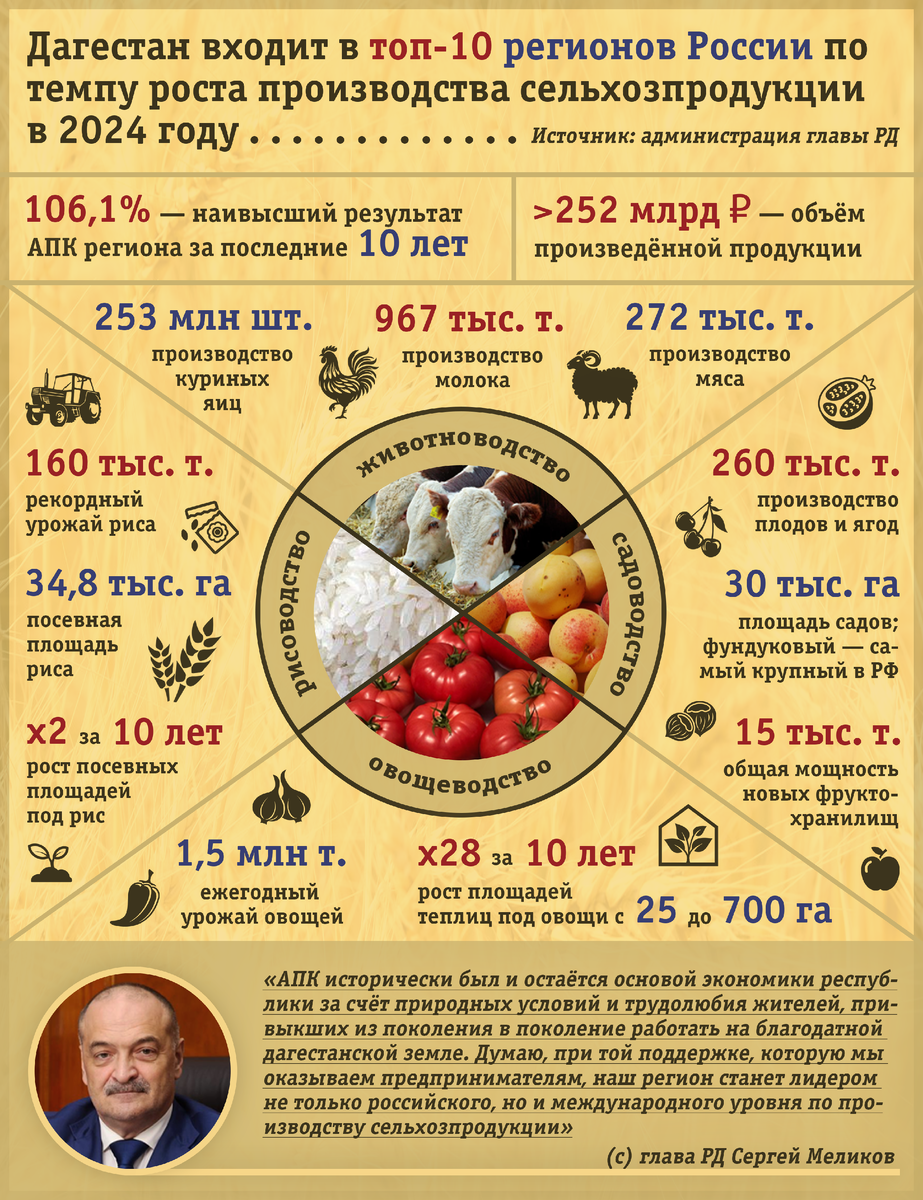 За последние четыре года Дагестан добился высоких результатов в сельскохозяйственной отрасли. Инфографика: АиФ — Дагестан / Юлия Шпак.