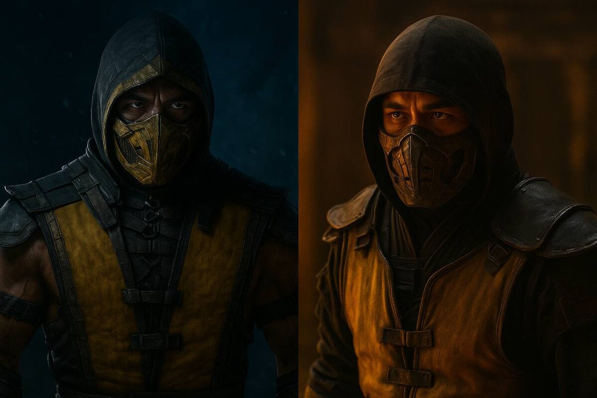 Mortal Kombat — слева скорпион из игры, справа экранизация, которая так и не смогла передать драйв оригинала.