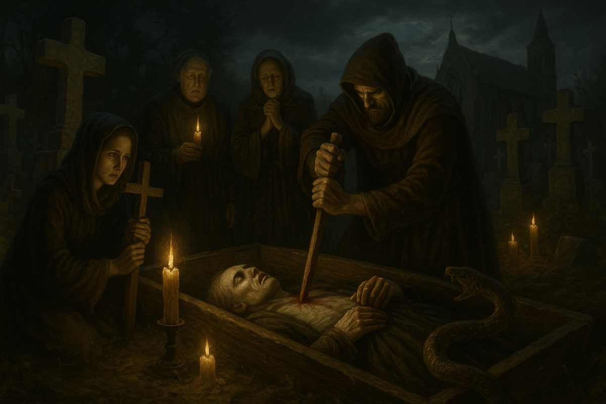 Подобные ритуалы включали известные сегодня образы — кол в сердце, отсечённая голова, защита от возвращения мертвеца. 
